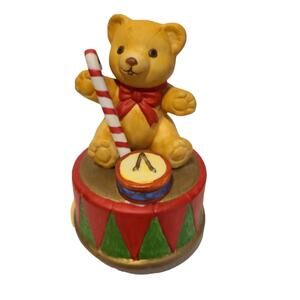 Vintage Teddy Bear Holiday Music Box on Drum w/Candy Cane & Small Drum by feet